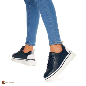 Pantofi Casual dama din Piele naturala cu talpa groasa CRL0054 BLEUMARIN - Img 3