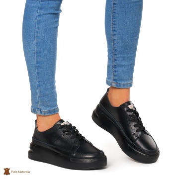 Pantofi Casual dama din Piele naturala cu talpa groasa CRL0056 NEGRU - Img 3