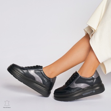 Pantofi Casual dama din Piele naturala cu talpa plata Multicolor CRL0041 Negru - Img 4