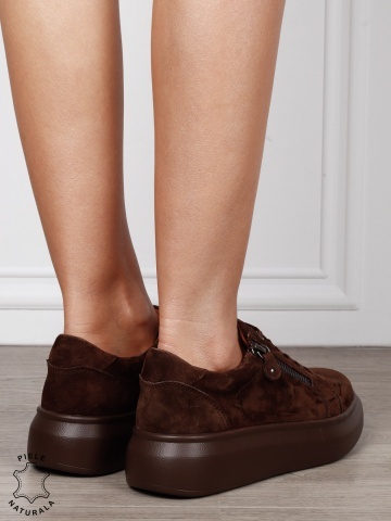 Pantofi Casual Damă din Piele Naturală intoarsa cu Fermoar Lateral CRL1801 CAFENIU - Img 3