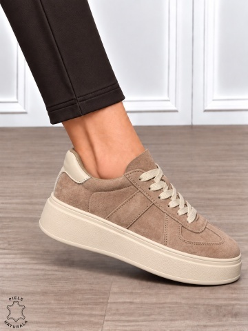 Pantofi casual damă din piele naturală întoarsă cu model lateral CRL1918 KHAKI - Img 2