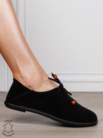 Pantofi Casual Damă din Piele Naturală Întoarsă cu Șiret și Design Minimalist CRL1274 NEGRU - Img 2