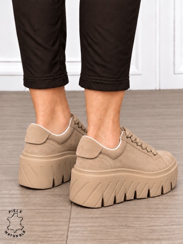 Pantofi casual damă din piele naturală Intoarsa cu talpă Speciala inalta CRL1913 KHAKI - Img 3