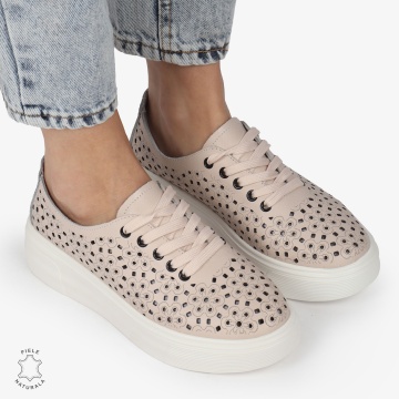 Pantofi Casual dama din Piele naturala PERFORAT USORI CU SIRET CRL1341 ROZ - Img 5