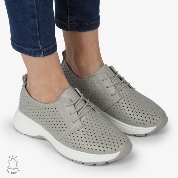 PANTOFI CASUAL dama din Piele naturala Perforata cu Siret CRL1354 GRI - Img 2