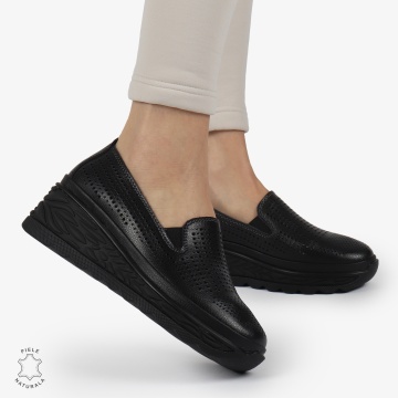 Pantofi Casual dama PERFORATI din Piele naturala CU DESIGN PE TALPA SLIP-ON CRL1337 NEGRU - Img 2