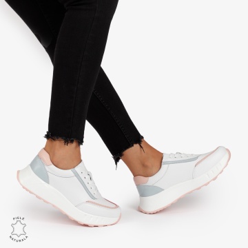 Pantofi Casual de dama din Piele Naturala COMODE MULTICOLOR CRL1215 ALB CU ALBASTRU - Img 2