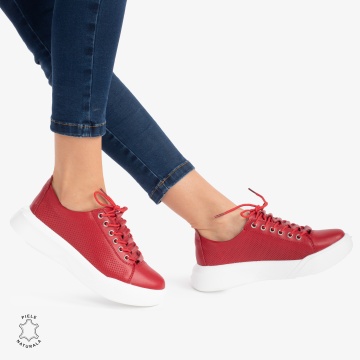 Pantofi Casual de dama din Piele Naturala CRL0572 Rosu - Img 2