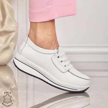 Pantofi casual de dama din piele naturala cu talpa groasa CRL0005 Alb - Img 2