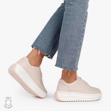 Pantofi Casual de dama din Piele Naturala cu talpa Inalta CRL1201 Roz - Img 3