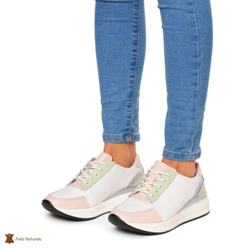 Pantofi casual de dama din piele naturala cu talpa plata CRL0019 Alb cu Roz - Img 3