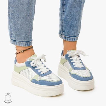 Pantofi Casual de dama din Piele Naturala Multicolor CRL1096 ALB CU ALBASTRU - Img 2