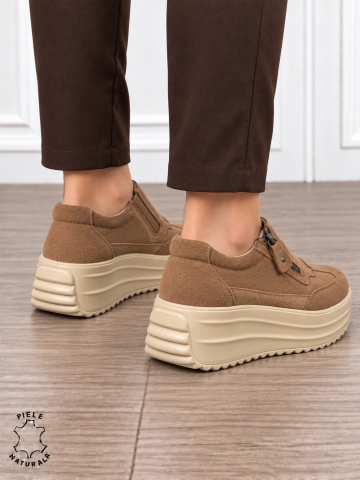Pantofi casual din piele naturală întoarsă cu inchidere fermoar CRL1919 KHAKI - Img 3