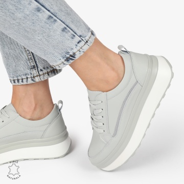 Pantofi CASUAL PIELE NATURALA dunga decorativa cu talpa inalta CRL1261 Gri - Img 3