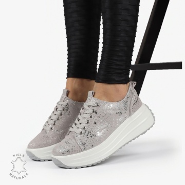 Pantofi casual piele naturala Intoarsa cu INCHIDERE SIRET CRL1306 ARGINTIU