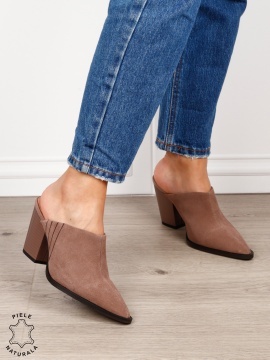 Pantofi dama eleganti cu toc gros si varf ascutit din piele naturala intoarsa CRL1609 KHAKI - Img 4