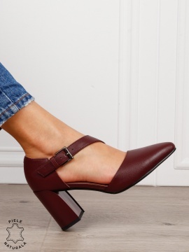 Pantofi dama eleganti din piele naturala cu bareta si toc gros CRL1634 Bordo - Img 2