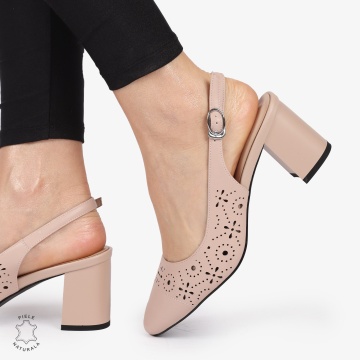 PANTOFI ELEGANTI dama din Piele Naturala CU TOC GROS SI MODEL PERFORAT CRL0995 ROZ - Img 2