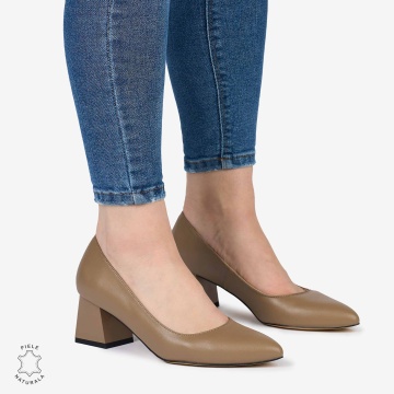 Pantofi Eleganți dama din Piele Naturala CU TOC MIC CRL0981 KHAKI - Img 2