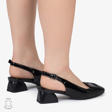 PANTOFI ELEGANTI dama din Piele Naturala CU TOC MIC SI DETALIU PATRAT CRL0986 NEGRU - Img 3