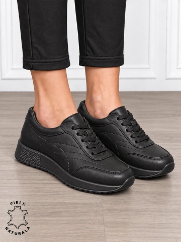 Pantofi sport damă din piele naturală cu cataramă decorativă în partea frontală CRL1895 NEGRU