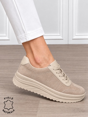Pantofi sport damă din piele naturală întoarsă cu design casual CRL1894 BEJ - Img 2