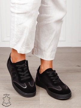 Pantofi sport damă din piele naturală întoarsă si material textil lateral CRL1566 NEGRU - Img 3