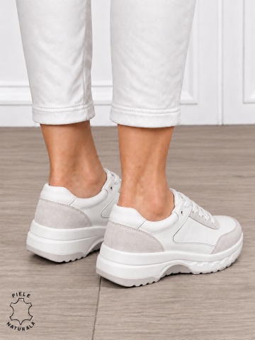 Pantofi sport damă din piele naturală și piele întoarsă cu design modern CRL1896 ALB - Img 3