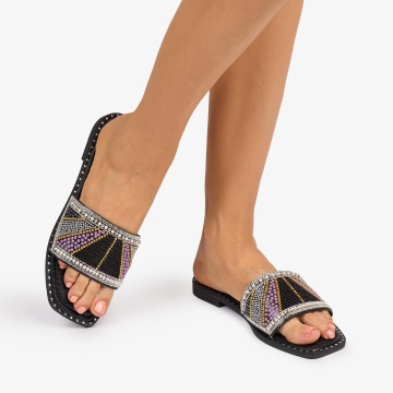 PAPUCI dama din Piele ECOLOGICA CU STRASURI COLORATE CRL1076 CULOARE: NEGRU - Img 2