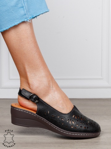 Sandale Damă din Piele Naturală cu Design Floral și Bareta Reglabilă CRL1300 NEGRU - Img 2
