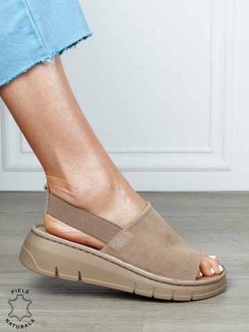 Sandale Damă din Piele Naturală Intoarsa cu Design Modern și Bareta Elastică CRL1805 KHAKI - Img 2