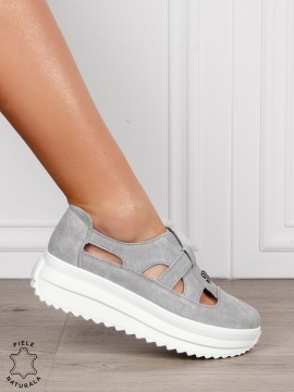 Sandale dama din Piele Naturala Intoarsa cu talpa inalta CRL1558 GRI - Img 2