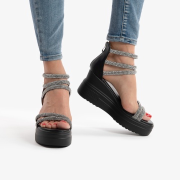 SANDALE DIN PIELE ECOLOGICA CU PLATFORMA SI STRASURI CRL0749 NEGRU - Img 2