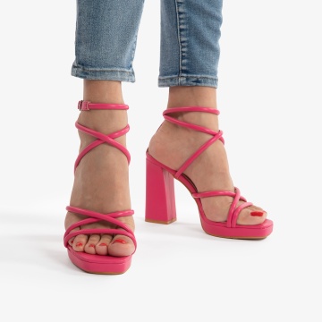 SANDALE ELEGANTE DIN PIELE ECOLOGICA CU MODEL SI TOC GROS CRL0734 FUCSIA - Img 2