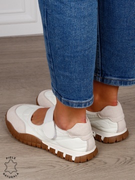 Balerini damă din piele naturală întoarsă și material textil, cu branț din piele naturală CRL1562 ALB - Img 4