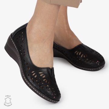 BALERINI dama din Piele naturala PERFORATA SLIP-ON CU TOC MIC CRL1362 NEGRU - Img 3