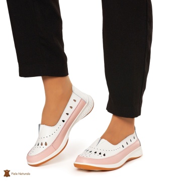 Balerini Dama Piele Naturala Slip-on CRL0074 Alb cu Roz