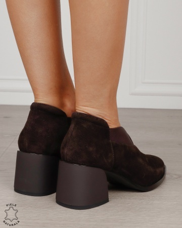 Botine damă din piele naturală întoarsă cu bandă elastică și toc gros CRL1886 CAFENIU - Img 3