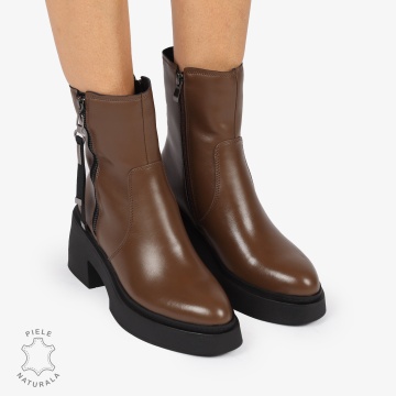 BOTINE DIN PIELE NATURALA cu Fermoar lateral si toc gros CRL1243 Maro - Img 2