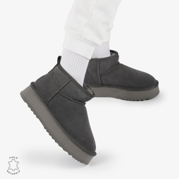 CIZME TIP UG DAMA SCURTE din PIELE NATURALA INTOARSA CRL1267 CULOARE: GRI INCHIS - Img 2