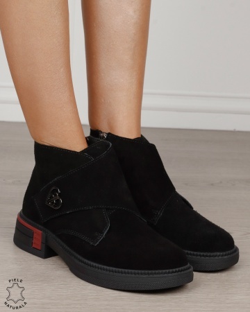 Ghete damă casual din piele întoarsă cu baretă și cataramă laterală CRL1888 NEGRU - Img 2