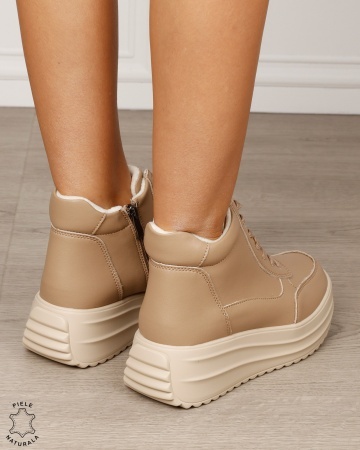 Ghete damă din piele naturală cu șiret și fermoar lateral CRL1891 KHAKI - Img 3