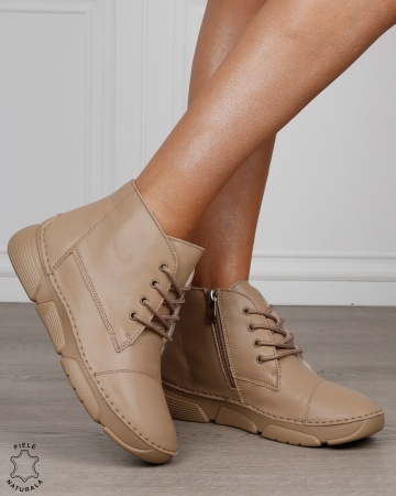 Ghete damă din piele naturală cu șireturi și talpă groasă CRL1872 KHAKI - Img 2