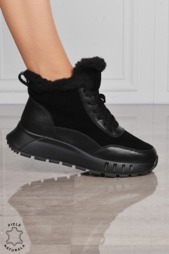 GHETE DAMA scurte din PIELE Naturala Combinata cu Piele intoarsa CRL1528 Negru - Img 1