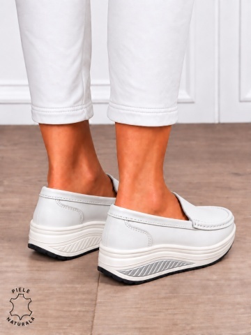 Mocasini damă din piele naturală cu șiret si talpa groasa CRL1859 ALB - Img 3