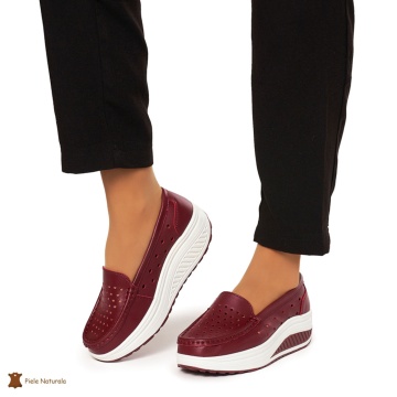 Mocasini Dama Piele Naturala perforati cu talpa groasa CRL0079 BORDO - Img 2