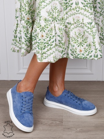 Pantofi casual damă din piele întoarsă naturală cu detaliu decorativ frontal CRL1821 ALBASTRU - Img 2