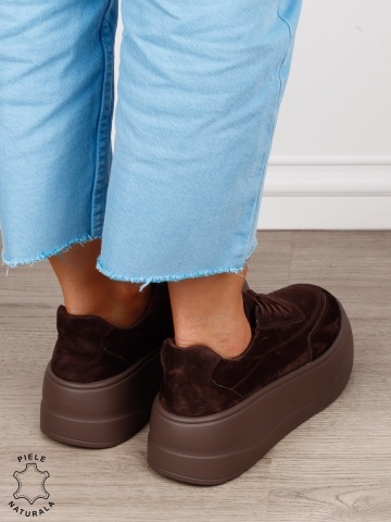Pantofi casual damă din piele întoarsă naturală cu siret CRL1822 CAFENIU - Img 3