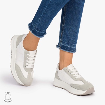 Pantofi Casual dama din Piele Naturala Combinata cu Piele intoarsa CRL1071 CULOARE: ALB - Img 1