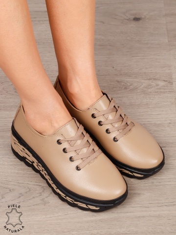Pantofi Casual dama din Piele naturala CU DESIGN PE TALPA SIRET CRL1345 KHAKI - Img 3